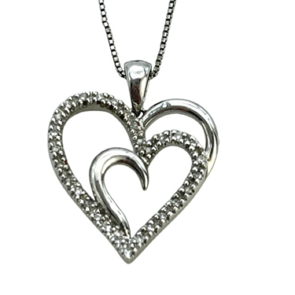 Silver Double Heart Charm Pendant Necklace with Diamonds on Sterling Box Chain